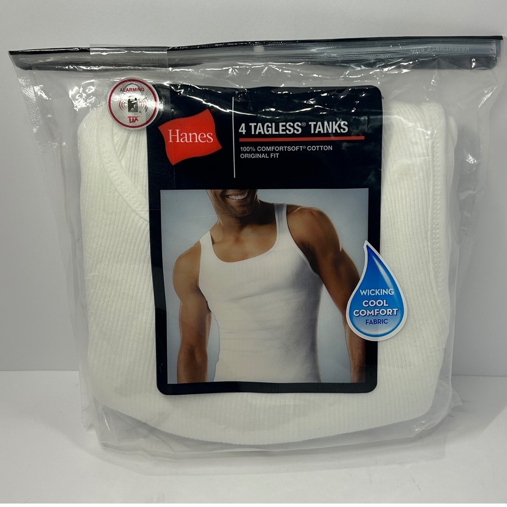 Hanes Mens 4-Pack Tagless Tank Tops White Comfort Soft Cotton Size M New